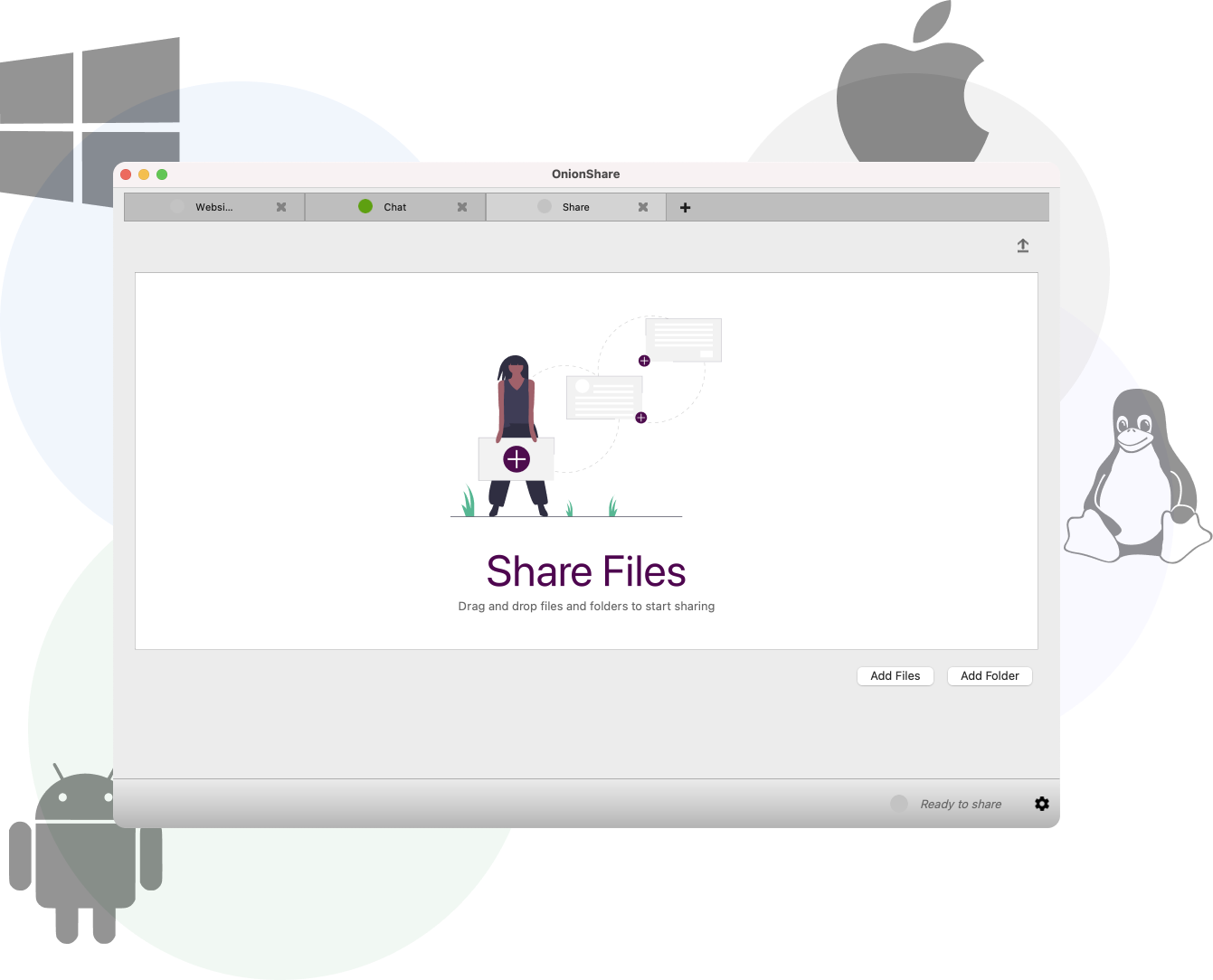 Image of OnionShare Desktop, surrounded by OS logos.